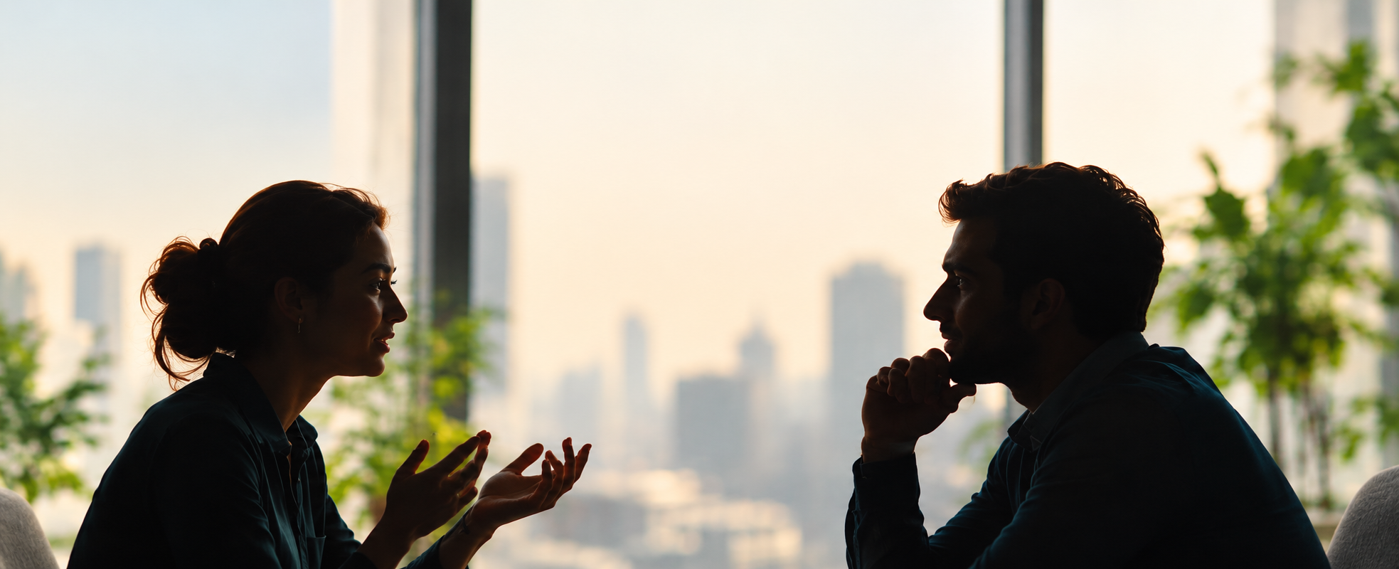 Two people in conversation, silhouetted against a city skyline at dusk